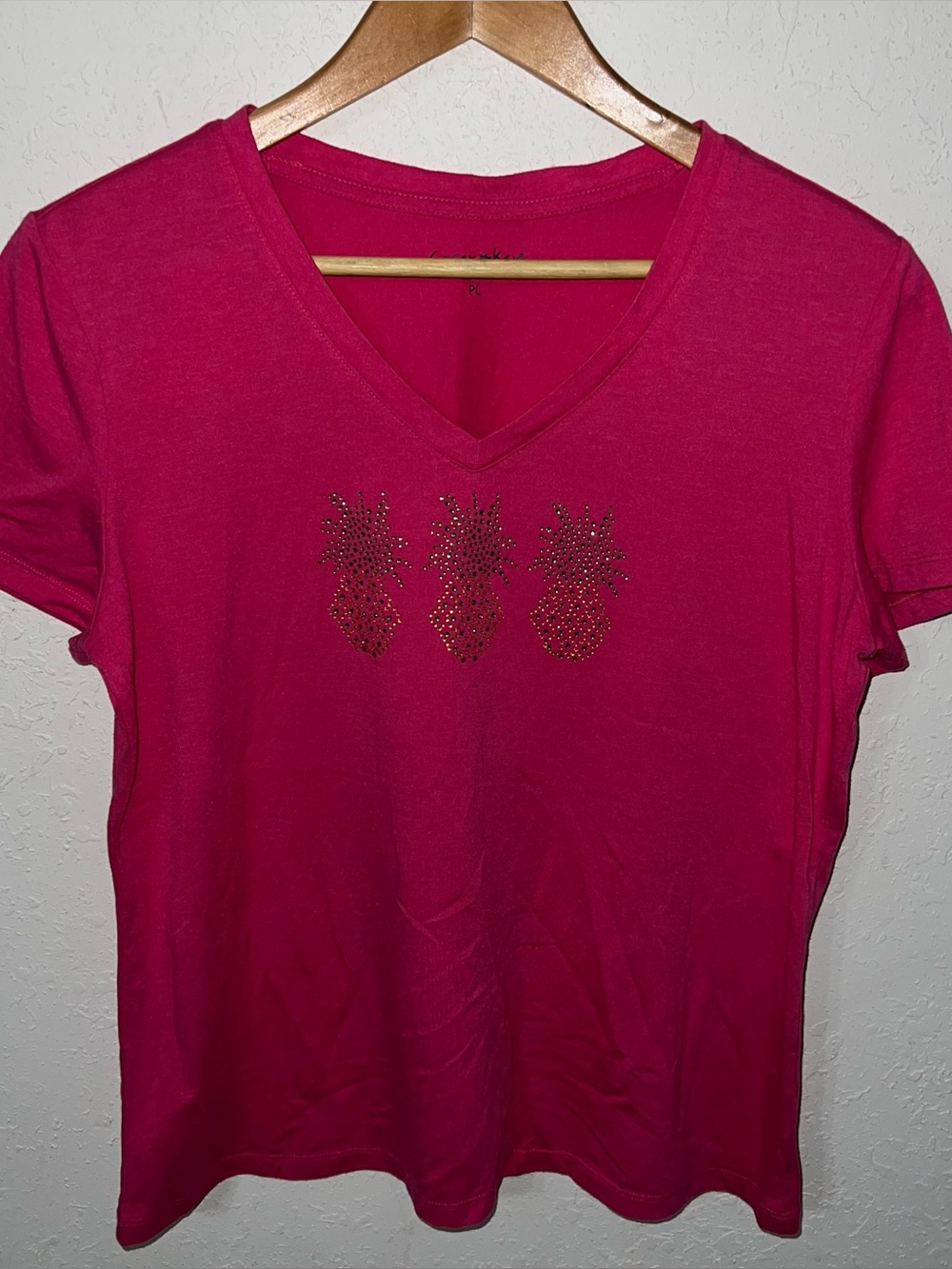 Casey Key Pink Pineapple Rhinestone Embellished Hot Pink Tee Size Large Petite
